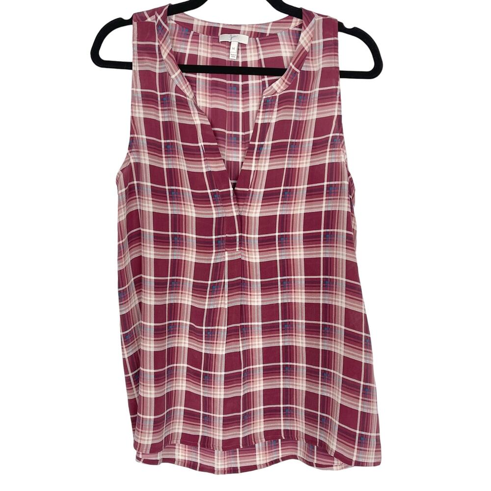Joie Medium M Aruna Silk Plaid Sleeveless Blouse Top V Neck Red Pink Womens